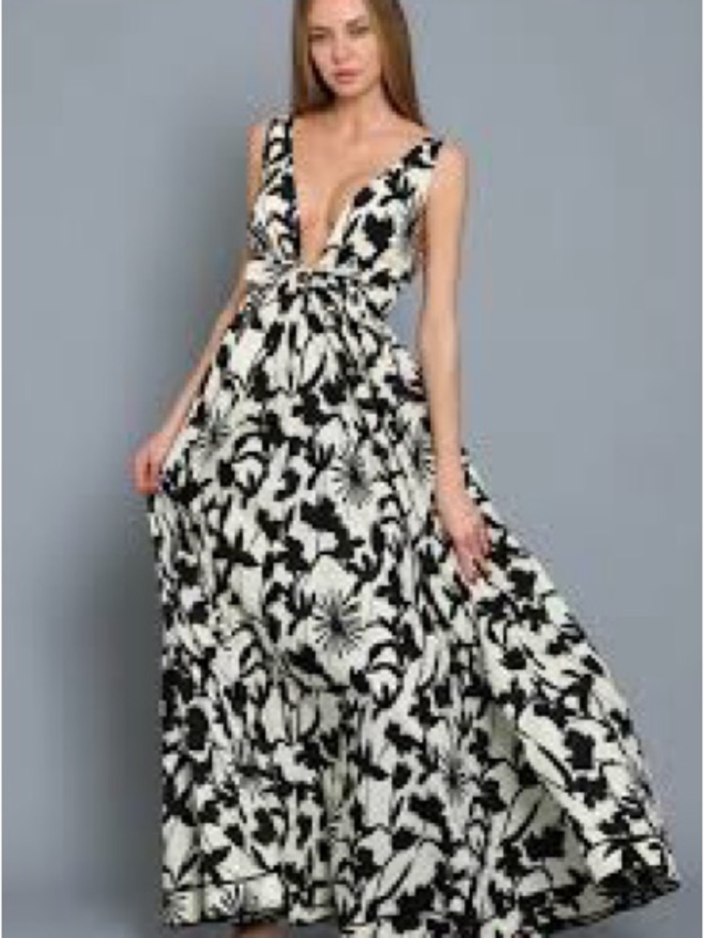 Aakaa Black and White Floral Deep V Maxi Dress